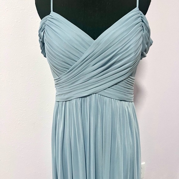 NEW AZAZIE dusty Blue off the shoulder chiffon A line Ruched AJA Maxi Gown A12 - Picture 5 of 10